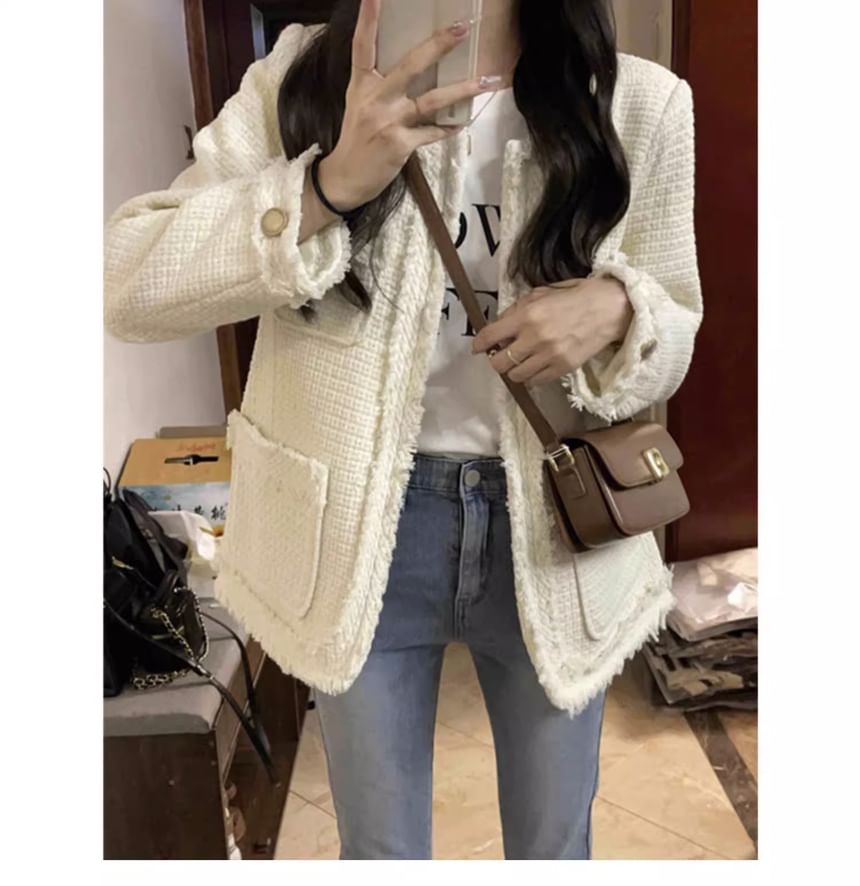 Crew Neck Plain Frayed Open Front Tweed Jacket