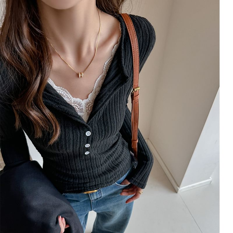 Mock Two-Piece Henley Ribbed Tee with Lace Panel