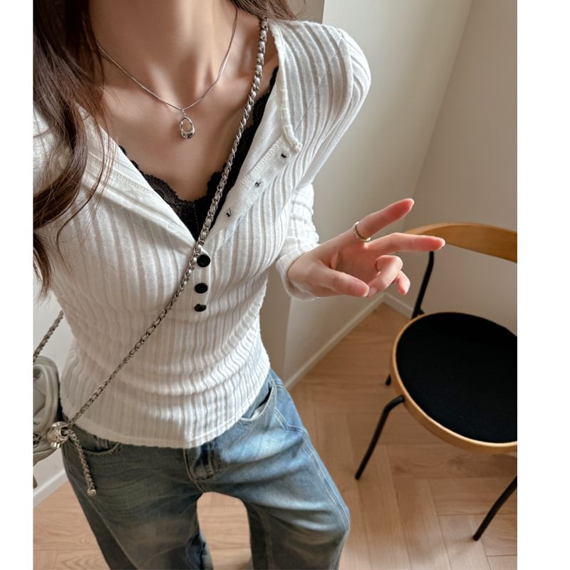 Mock Two-Piece Henley Ribbed Tee with Lace Panel