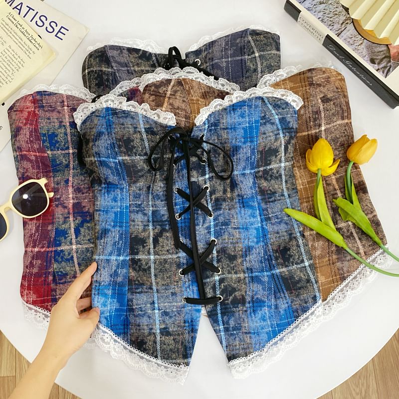 Plaid Lace Trim Tube Top