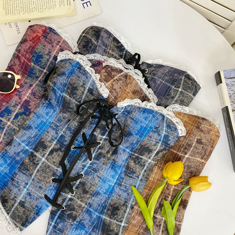 Plaid Lace Trim Tube Top