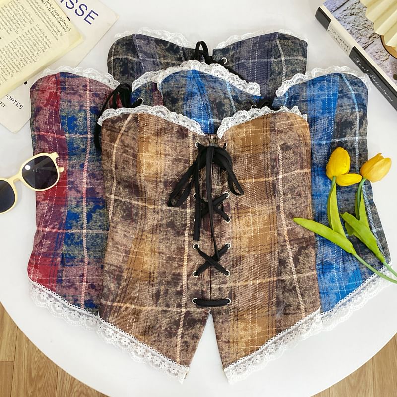Plaid Lace Trim Tube Top