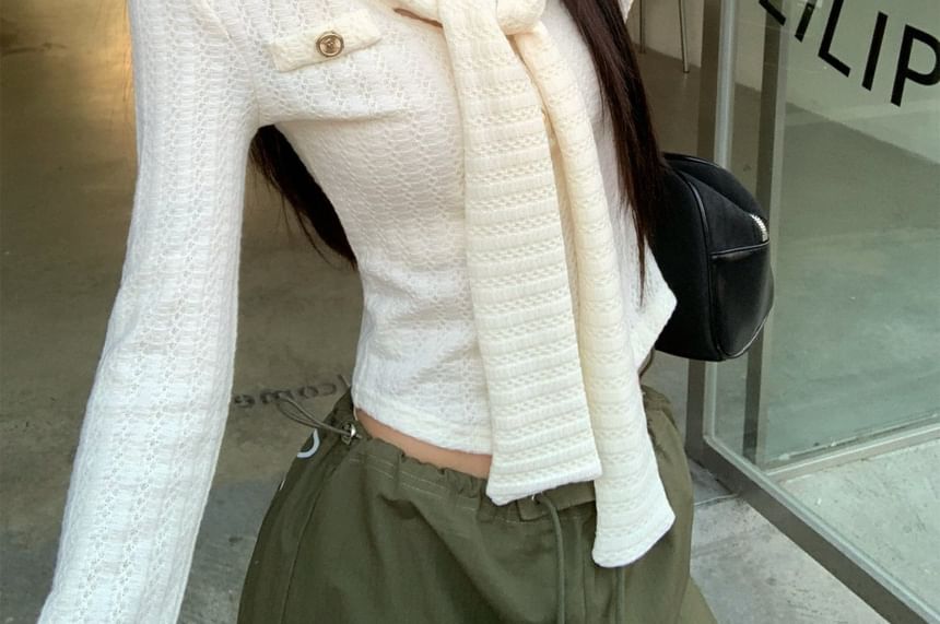 Long-Sleeve Tie-Neck Plain Crop Knit Top / Drawstring Waist Baggy Cargo Pants