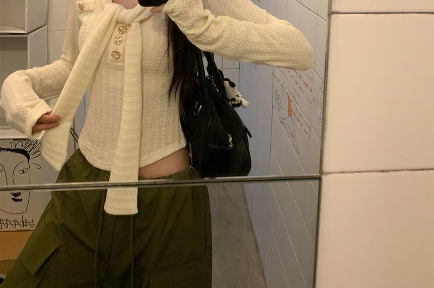 Long-Sleeve Tie-Neck Plain Crop Knit Top / Drawstring Waist Baggy Cargo Pants