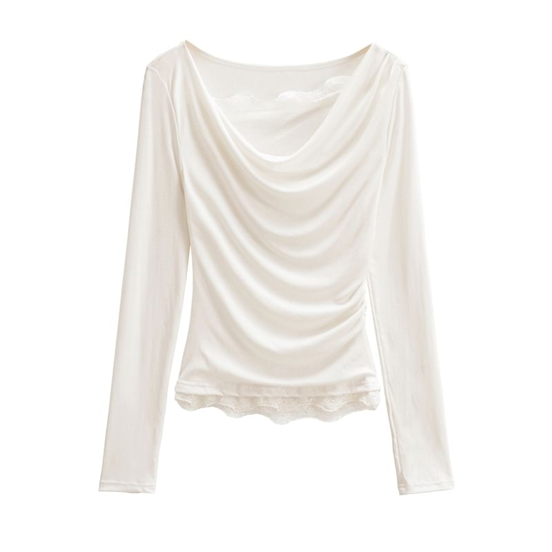 Cowl Neck Long-Sleeve Tee with Lace Trim