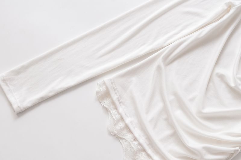 Cowl Neck Long-Sleeve Tee with Lace Trim