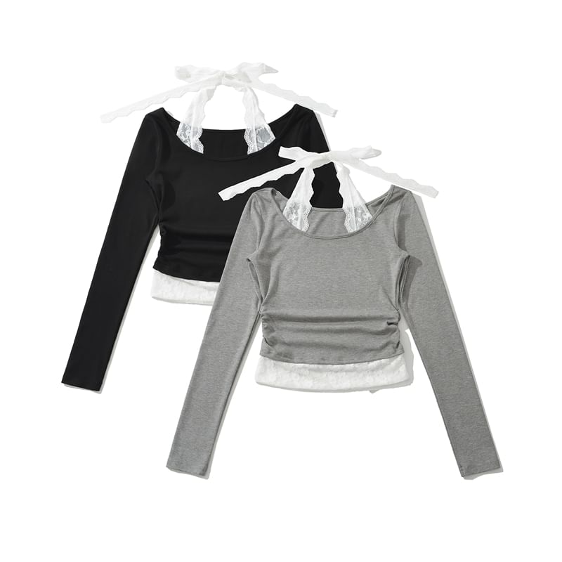 Scoop Neck Long-Sleeve Tee with Lace Trim
