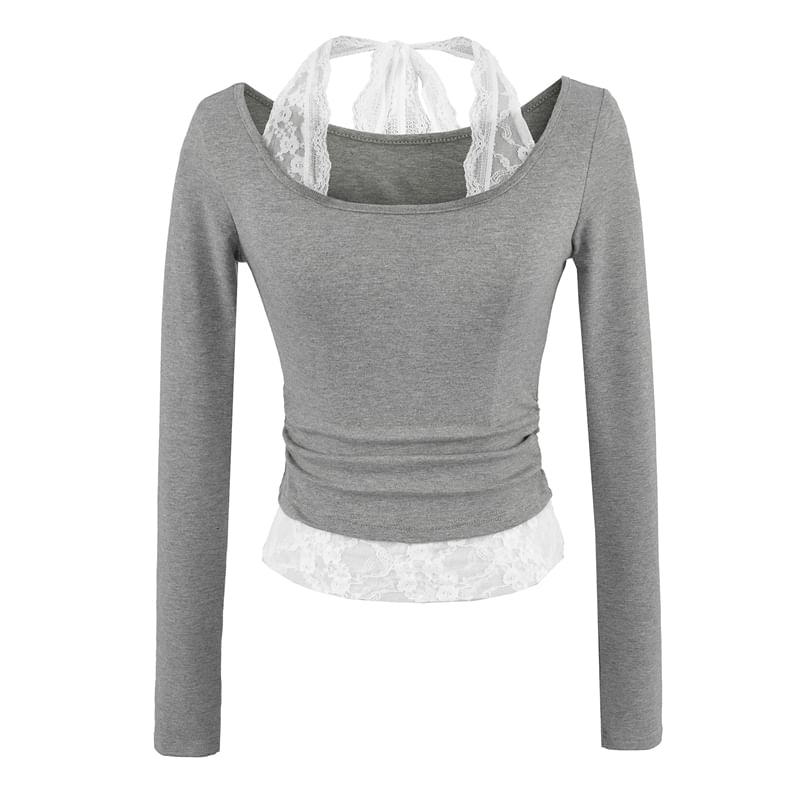 Scoop Neck Long-Sleeve Tee with Lace Trim