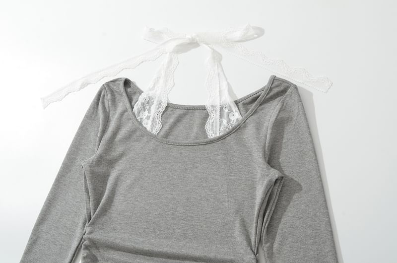 Scoop Neck Long-Sleeve Tee with Lace Trim