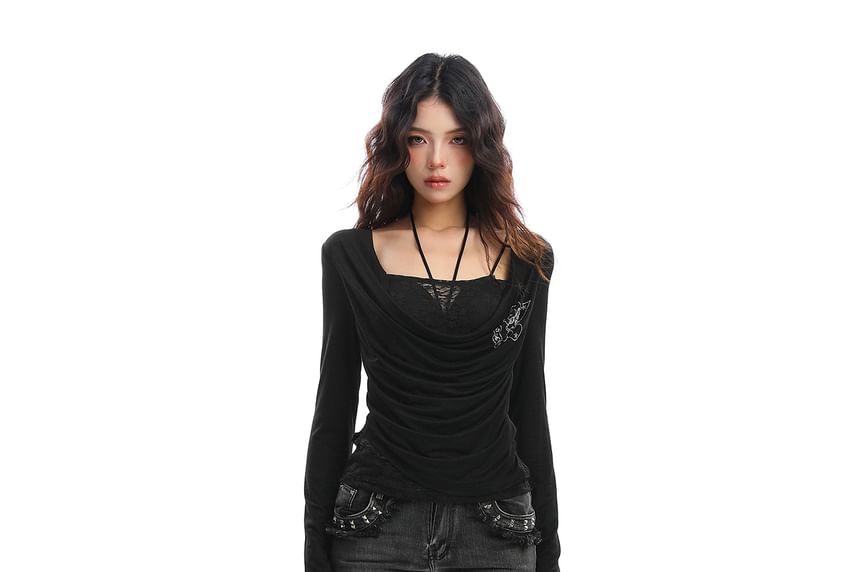 Halter Cowl Neck Ruched Tee with Lace Panel