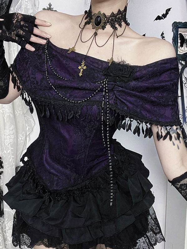 Short-Sleeve Off Shoulder Lace Trim Top and High Waist Skorts