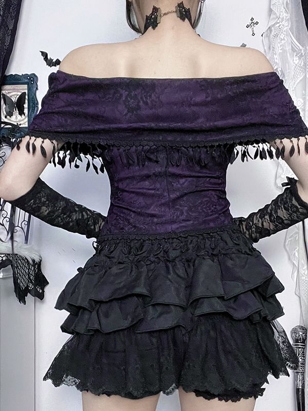 Short-Sleeve Off Shoulder Lace Trim Top and High Waist Skorts