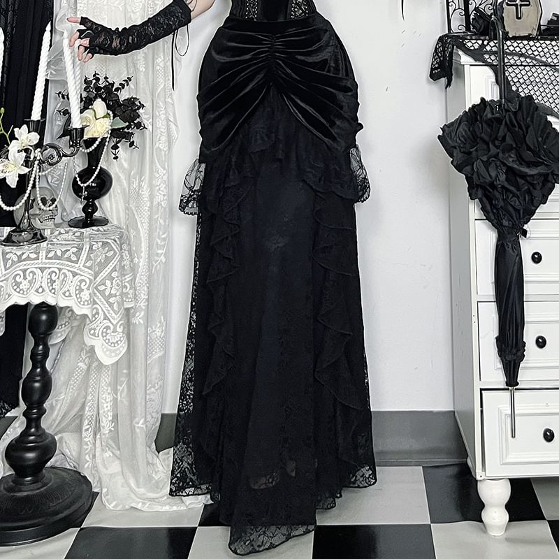 Halter Neck Lace Bustier & High Waist Maxi A-Line Skirt