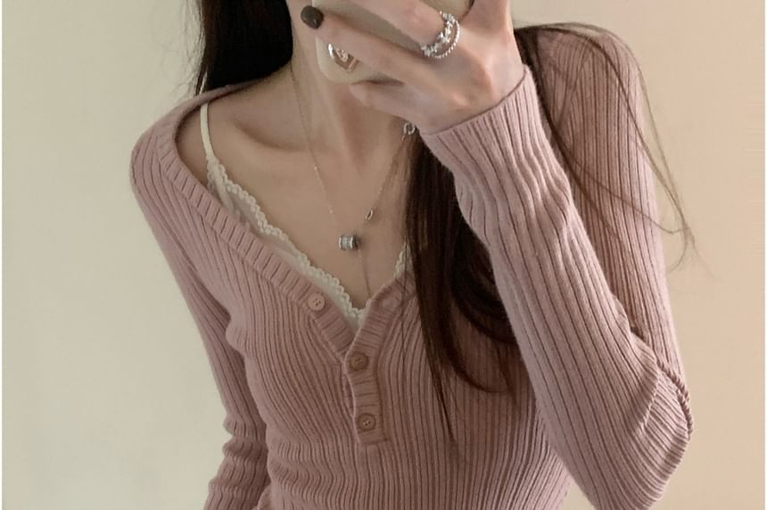 V-Neck Henley Ribbed Knit Top & Padded Lace Camisole