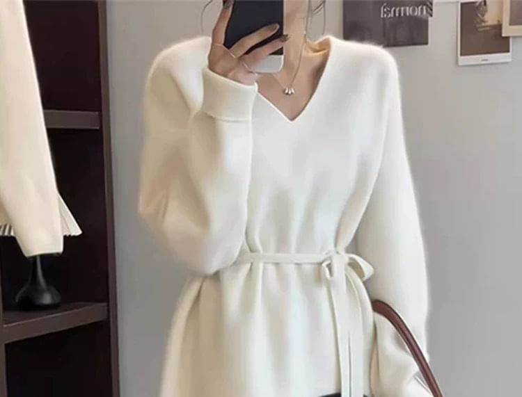 Asymmetric Slit V-Neck Extended Sleeve Knitwear Pullover