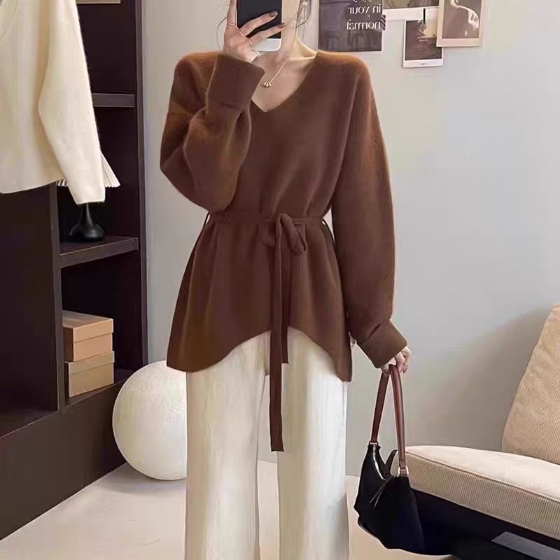 Asymmetric Slit V-Neck Extended Sleeve Knitwear Pullover