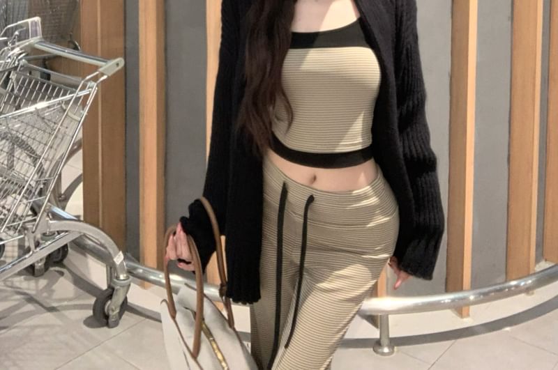 Striped Crop Cami, Flared Pants, and Ribbed Cardigan Set