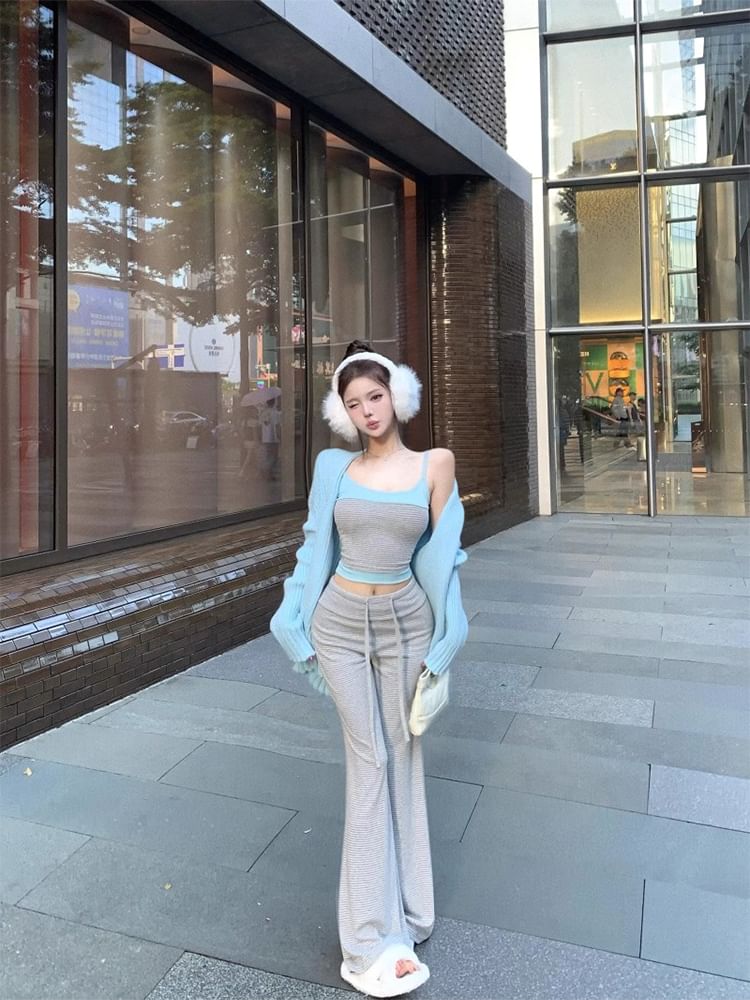 Striped Crop Cami, Flared Pants, and Ribbed Cardigan Set