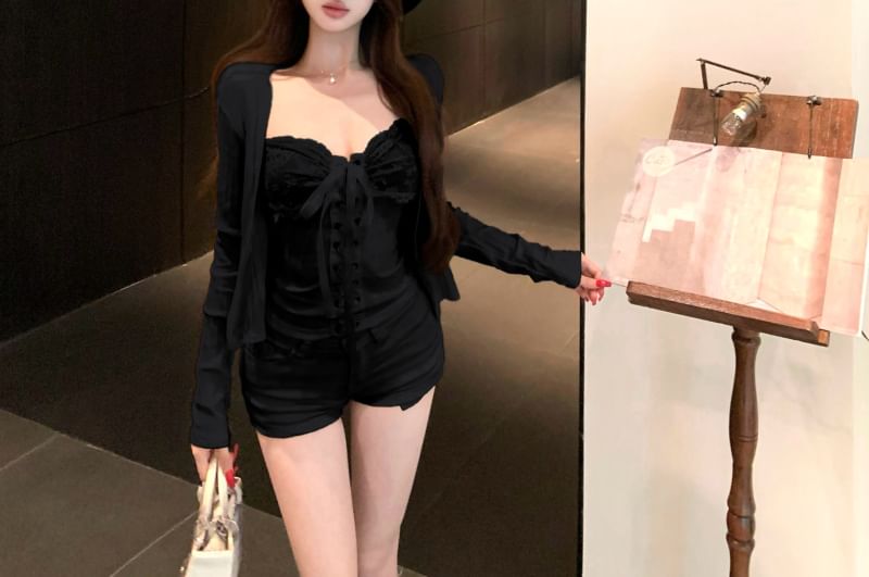 Plain Cardigan & Lace-Up Lace Panel Cami Top