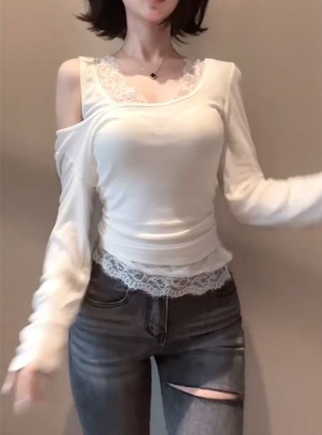 Long Sleeve Cold Shoulder Lace Panel Top