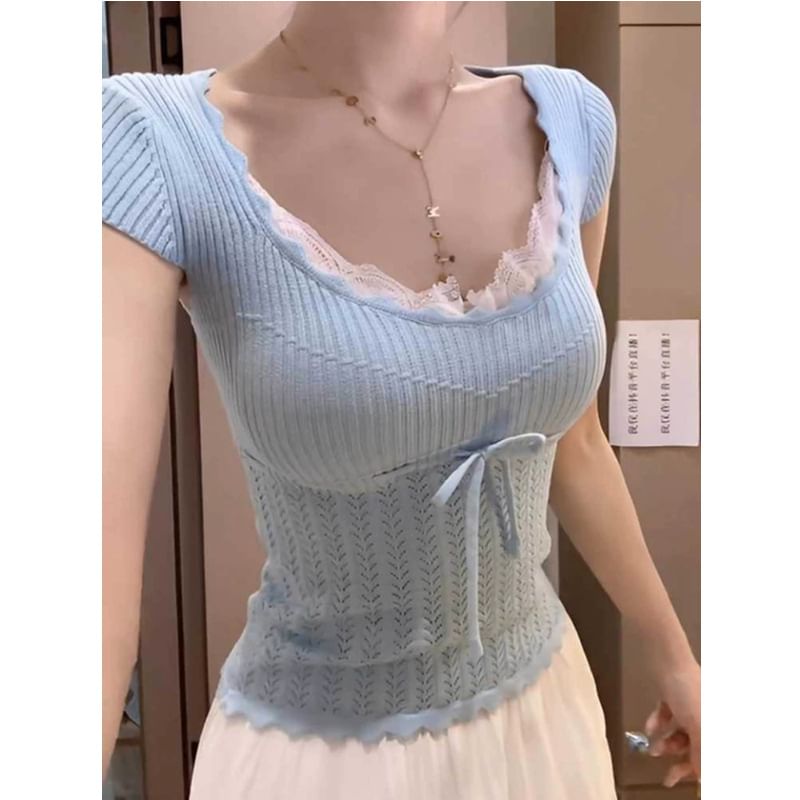 Cap-Sleeve V-Neck Lace Panel Knit Top