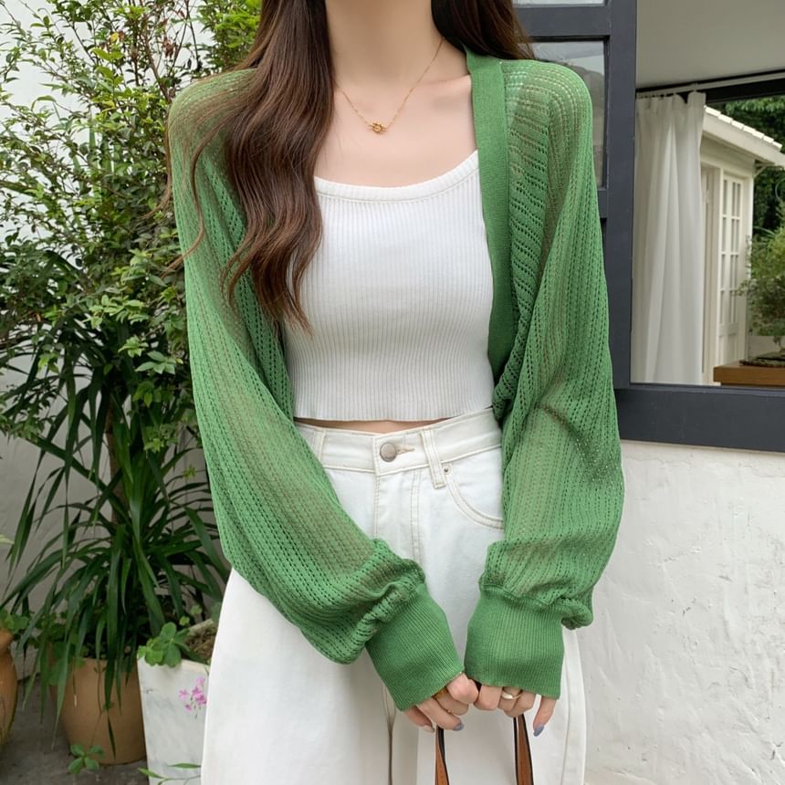 Perforated Open Front Plain Crop Cardigan