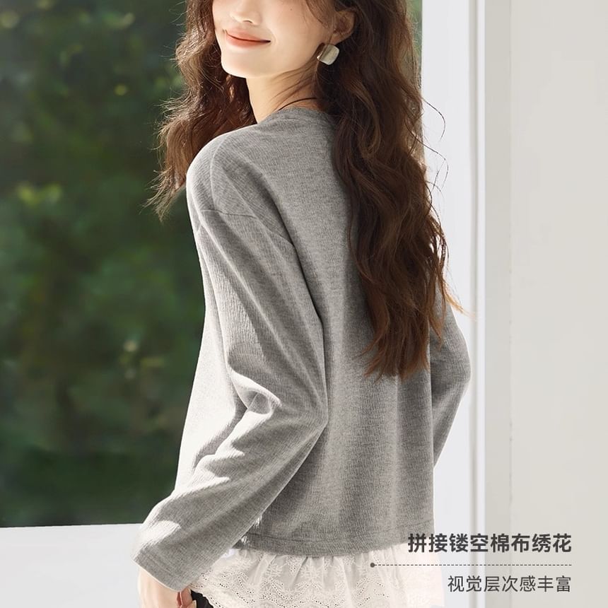 Round Neck Lace Panel Pullover