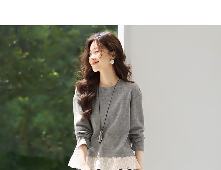 Round Neck Lace Panel Pullover