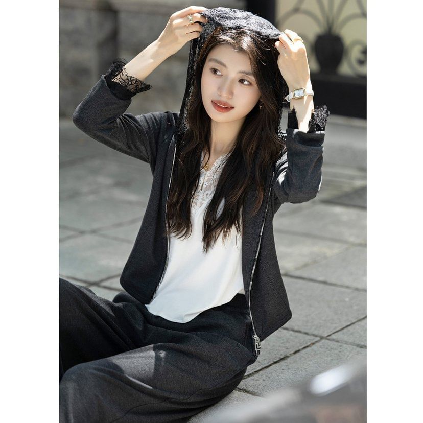 Lace Panel Zip-Up Crop Hoodie with Wide Leg Pants Set