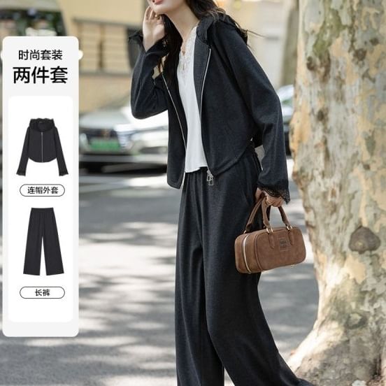 Lace Panel Zip-Up Crop Hoodie with Wide Leg Pants Set