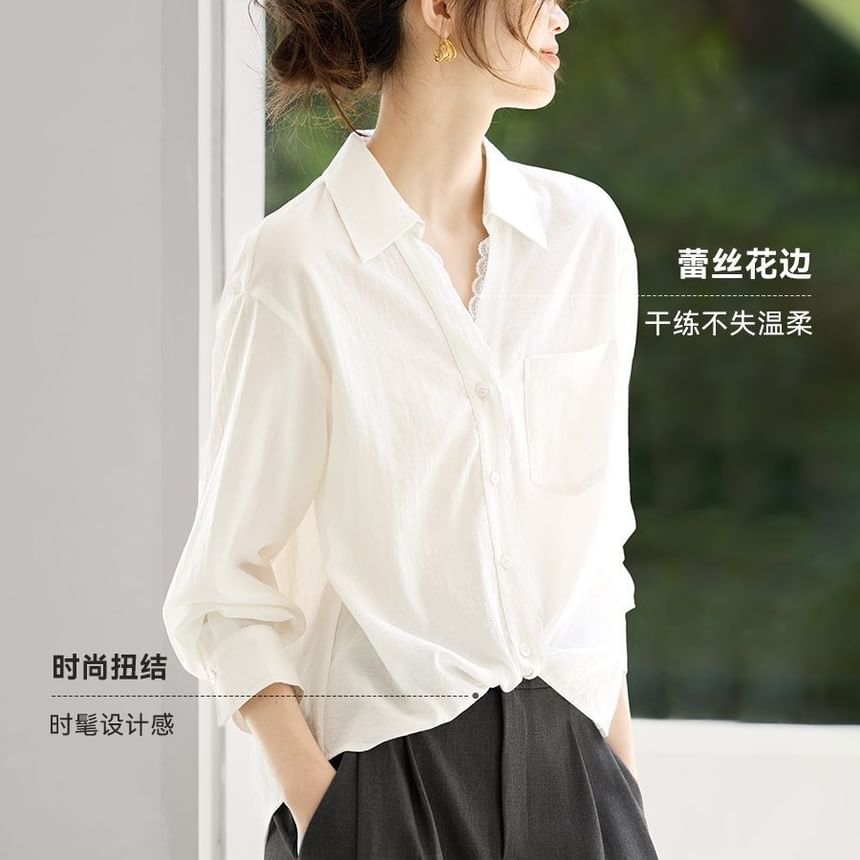 Long-Sleeve V-Neck Collared Lace Trim Button-Up Blouse