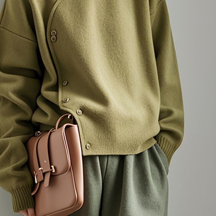 Asymmetrical Button-Up Stand Collar Plain Cardigan