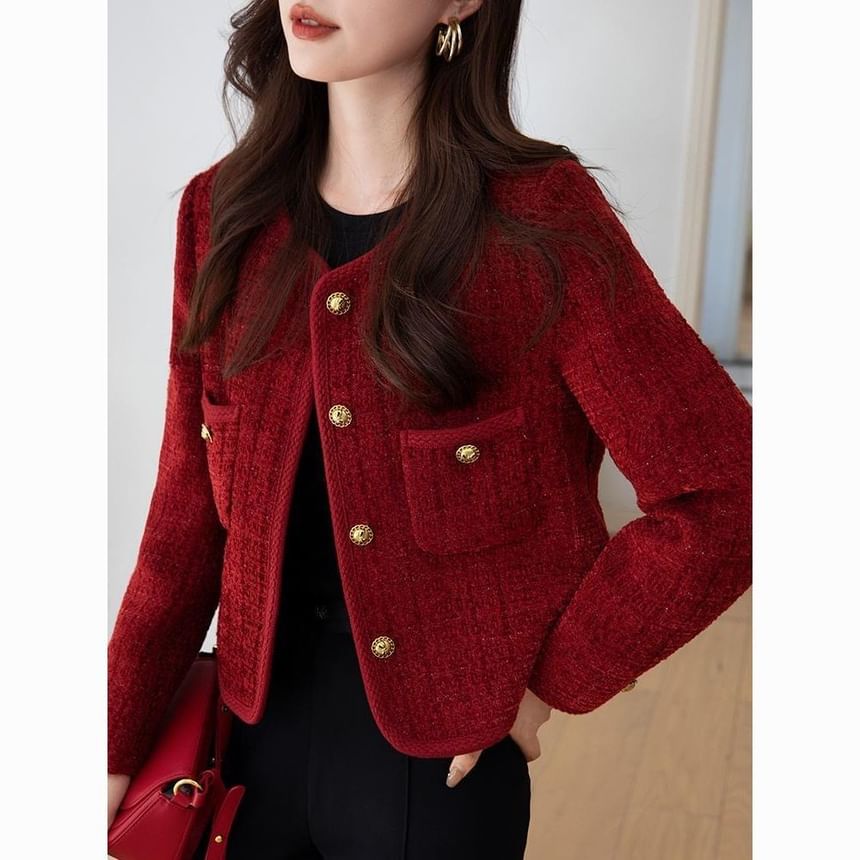 Crew Neck Button-Up Plain Tweed Jacket