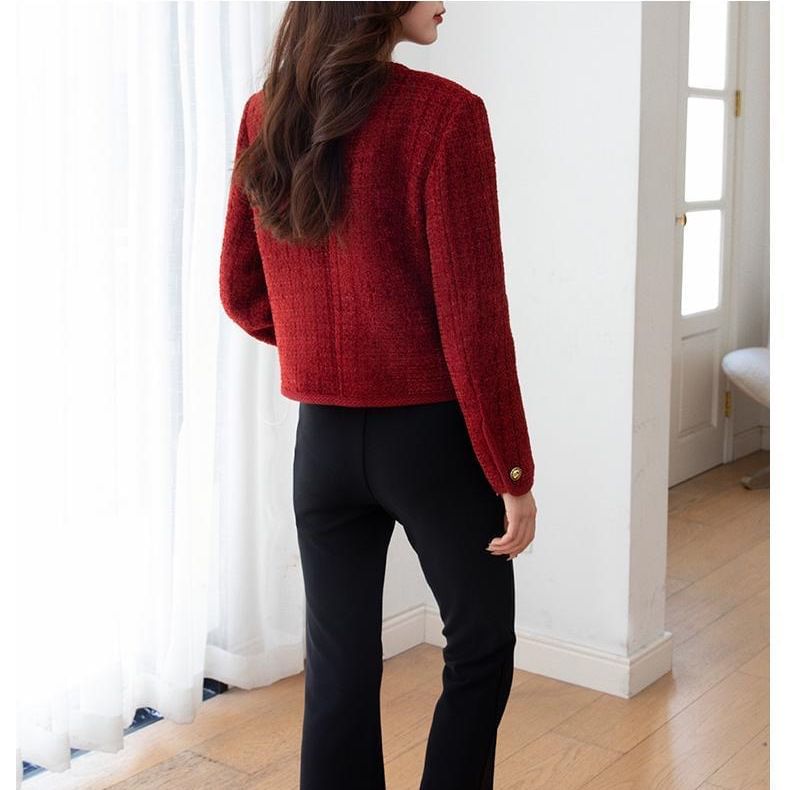 Crew Neck Button-Up Plain Tweed Jacket