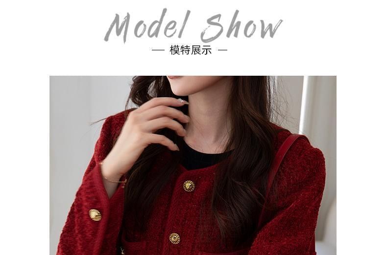 Crew Neck Button-Up Plain Tweed Jacket