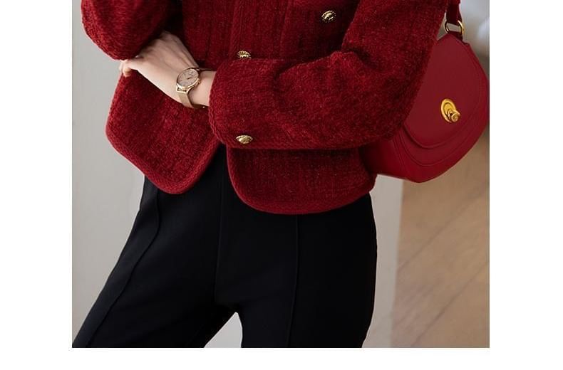 Crew Neck Button-Up Plain Tweed Jacket