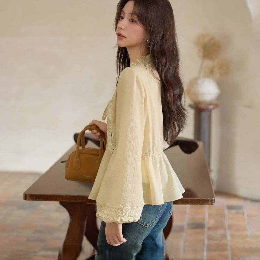Long-Sleeve Stand Collar Lace Panel Frill Blouse