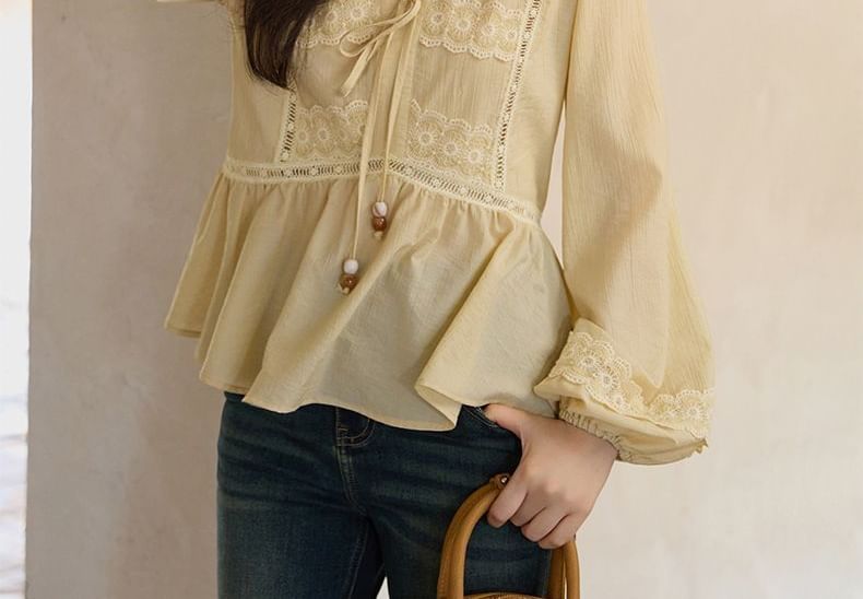 Long-Sleeve Stand Collar Lace Panel Frill Blouse