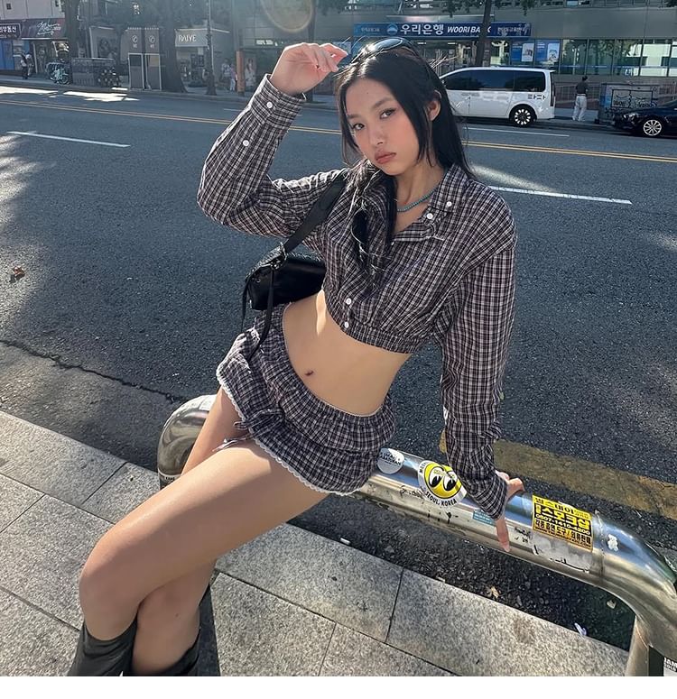 Plaid Button-Up Crop Shirt & Low Waist Lace Trim Mini Skirt