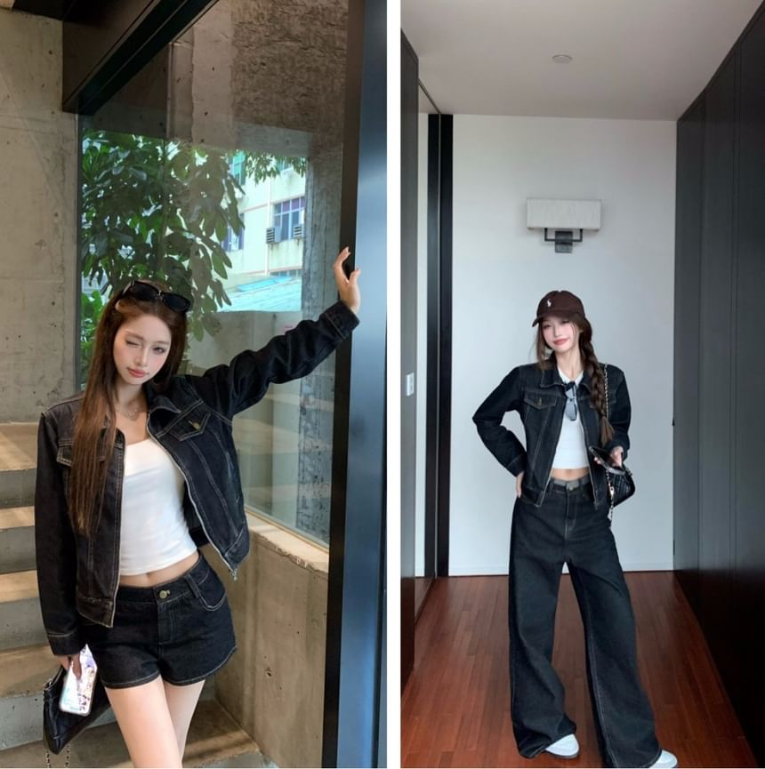 Collared Contrast Stitched Zip-Up Denim Jacket / Low Waist Hot Pants / Wide Leg Jeans
