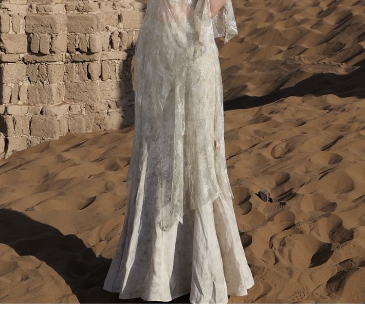 Hooded Slit Lace Long Top & Crop Cami & Tie Dye Maxi Skirt Set