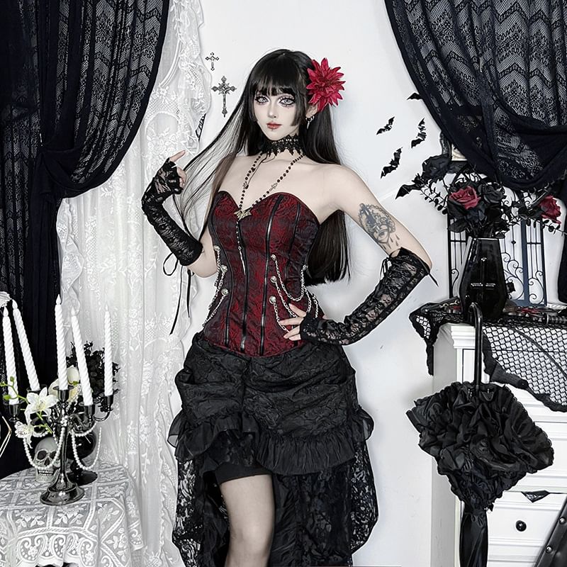 Chain Double-Breasted Jacquard Panel Tube Bustier Top