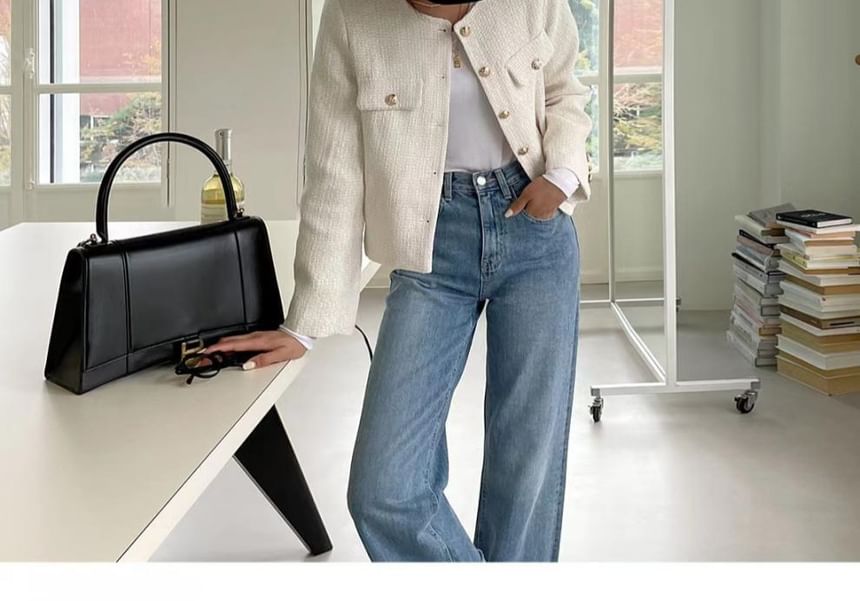 Crew Neck Button-Up Plain Tweed Jacket