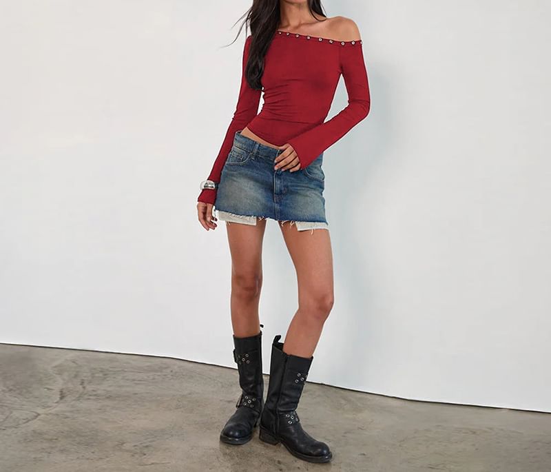One-Shoulder Long Sleeve Grommet-Detail Top