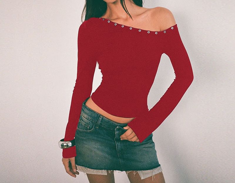 One-Shoulder Long Sleeve Grommet-Detail Top