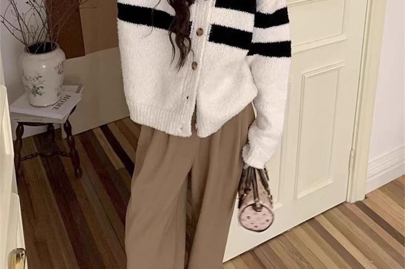 Striped Stand Collar Knit Cardigan