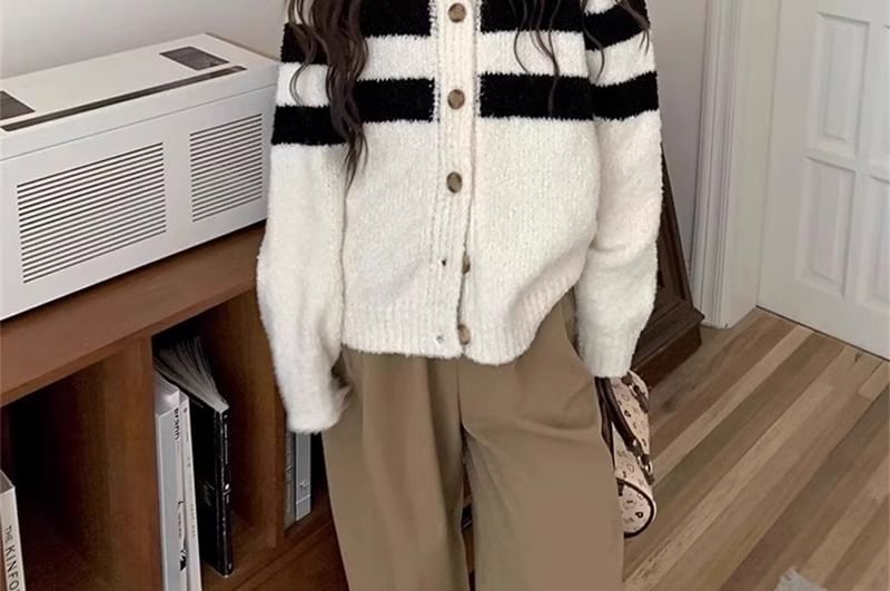Striped Stand Collar Knit Cardigan