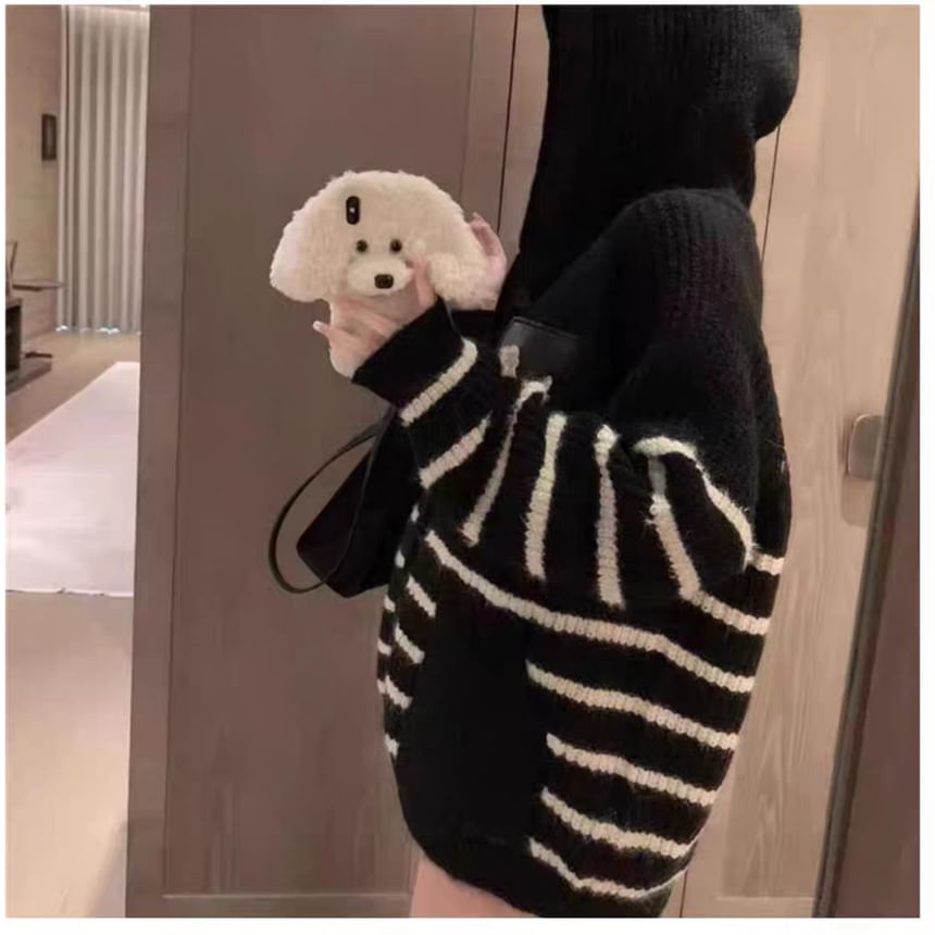 Hooded Striped Ribbed Knit Cardigan