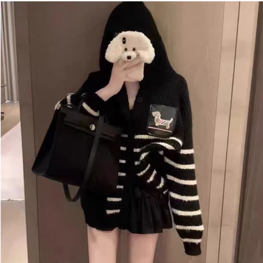 Hooded Striped Ribbed Knit Cardigan
