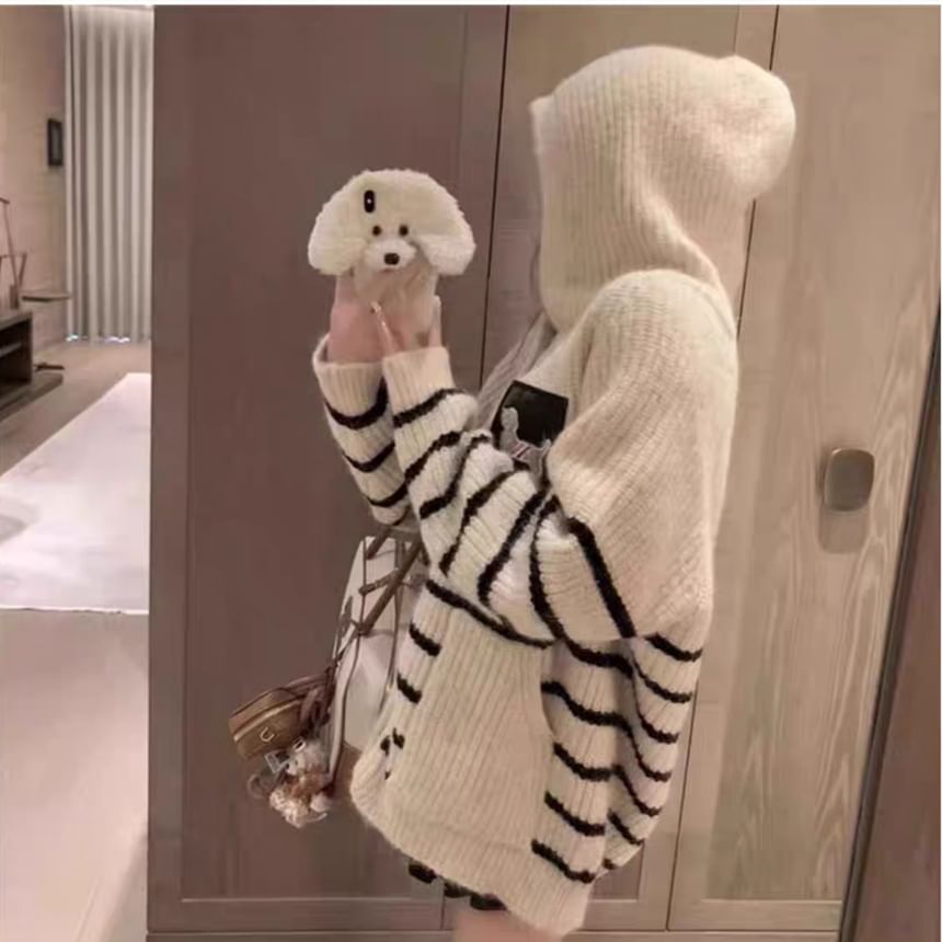 Hooded Striped Ribbed Knit Cardigan